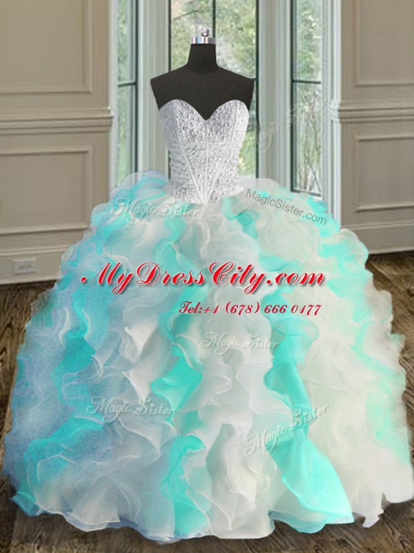 Multi-color Sleeveless Floor Length Beading and Ruffles Lace Up Quinceanera Dress