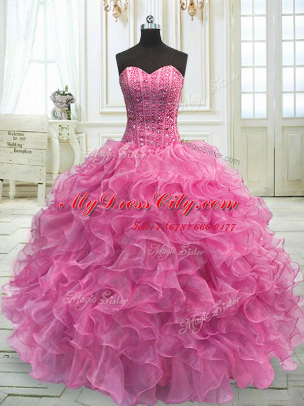 Rose Pink Sleeveless Beading and Ruffles Floor Length Quinceanera Dress