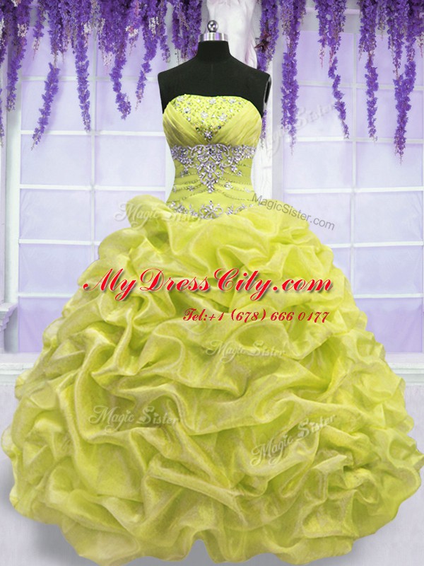 Strapless Sleeveless Lace Up Quinceanera Dress Yellow Green Organza