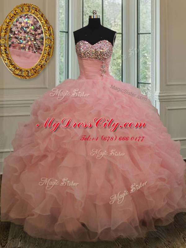 Cheap Watermelon Red Ball Gowns Sweetheart Sleeveless Organza Floor Length Lace Up Beading and Ruffles Sweet 16 Dresses