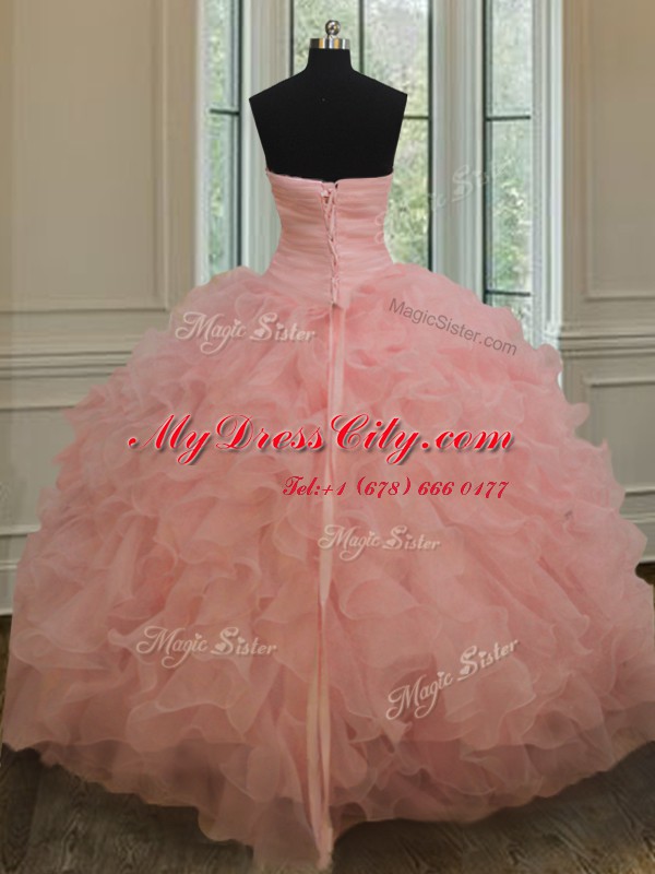 Cheap Watermelon Red Ball Gowns Sweetheart Sleeveless Organza Floor Length Lace Up Beading and Ruffles Sweet 16 Dresses