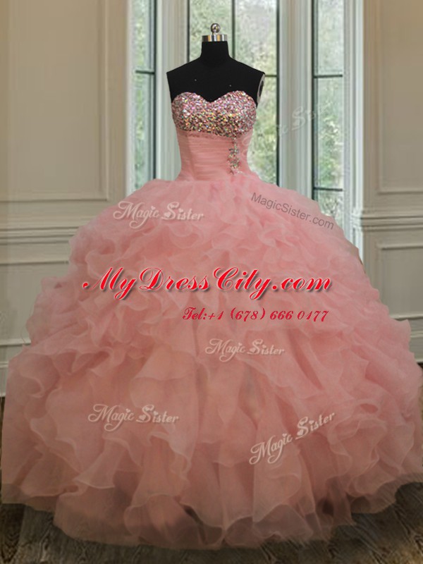 Cheap Watermelon Red Ball Gowns Sweetheart Sleeveless Organza Floor Length Lace Up Beading and Ruffles Sweet 16 Dresses