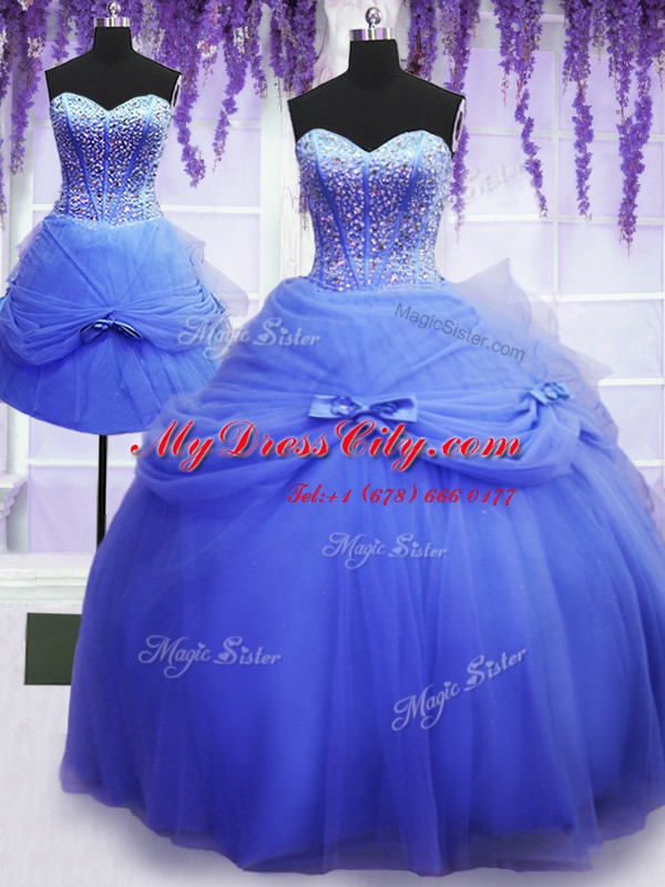 Trendy Three Piece Blue Ball Gowns Tulle Sweetheart Sleeveless Beading and Bowknot Floor Length Lace Up Quinceanera Dress