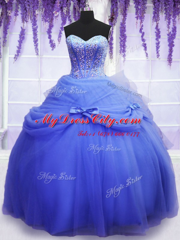 Trendy Three Piece Blue Ball Gowns Tulle Sweetheart Sleeveless Beading and Bowknot Floor Length Lace Up Quinceanera Dress