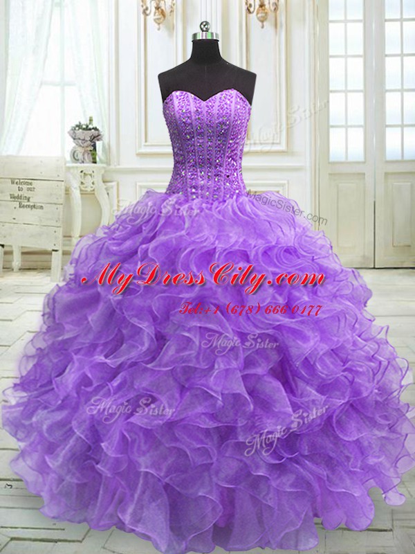 Admirable Sweetheart Sleeveless Quinceanera Gowns Floor Length Beading and Ruffles Lavender Organza