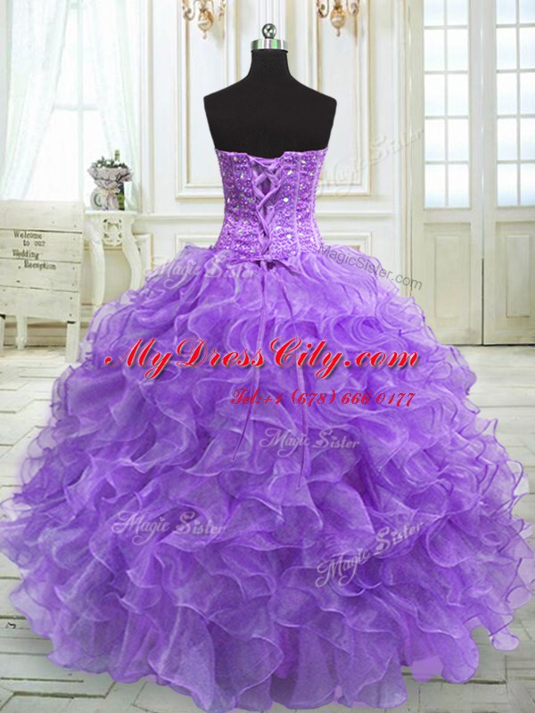 Admirable Sweetheart Sleeveless Quinceanera Gowns Floor Length Beading and Ruffles Lavender Organza