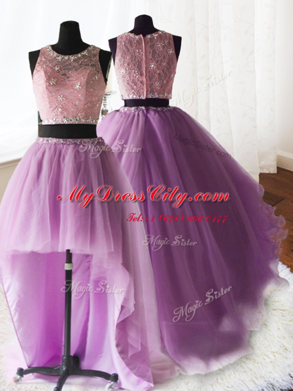 Custom Designed Three Piece Scoop Sleeveless Brush Train Zipper Quince Ball Gowns Lilac Organza and Tulle and Lace