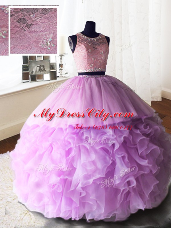 Custom Designed Three Piece Scoop Sleeveless Brush Train Zipper Quince Ball Gowns Lilac Organza and Tulle and Lace