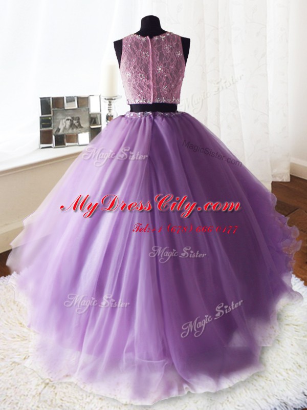 Custom Designed Three Piece Scoop Sleeveless Brush Train Zipper Quince Ball Gowns Lilac Organza and Tulle and Lace