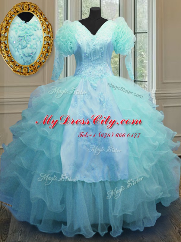 Traditional Ruffled Blue Long Sleeves Organza Zipper Quinceanera Dresses for Military Ball and Sweet 16 and Quinceanera