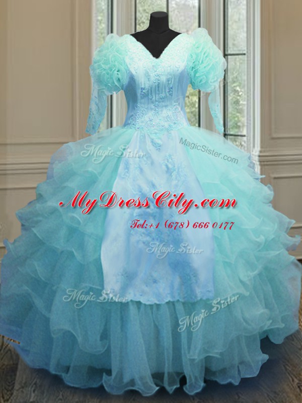 Traditional Ruffled Blue Long Sleeves Organza Zipper Quinceanera Dresses for Military Ball and Sweet 16 and Quinceanera