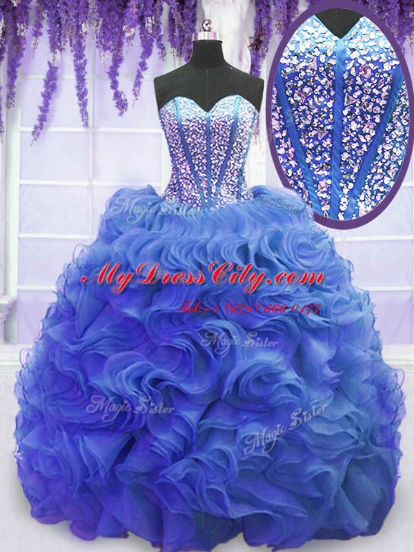 Sweetheart Sleeveless Sweet 16 Dresses Sweep Train Beading and Ruffles Royal Blue Organza