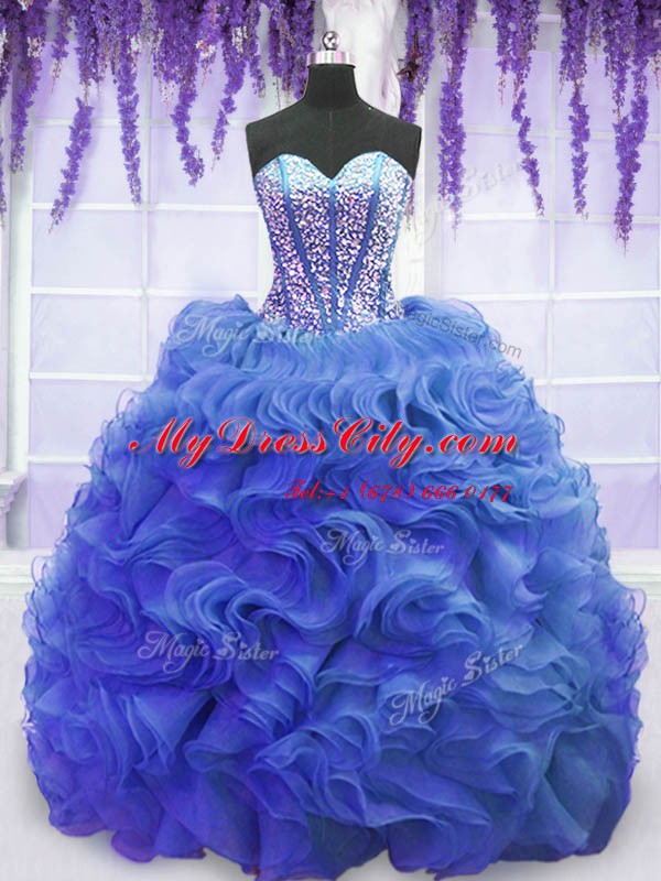 Sweetheart Sleeveless Sweet 16 Dresses Sweep Train Beading and Ruffles Royal Blue Organza