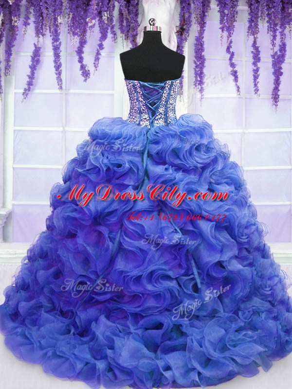 Sweetheart Sleeveless Sweet 16 Dresses Sweep Train Beading and Ruffles Royal Blue Organza