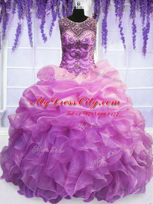 Lilac Ball Gowns Scoop Sleeveless Organza Floor Length Lace Up Beading and Pick Ups 15th Birthday Dress