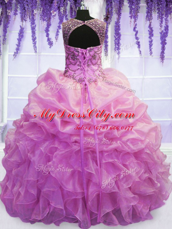 Lilac Ball Gowns Scoop Sleeveless Organza Floor Length Lace Up Beading and Pick Ups 15th Birthday Dress