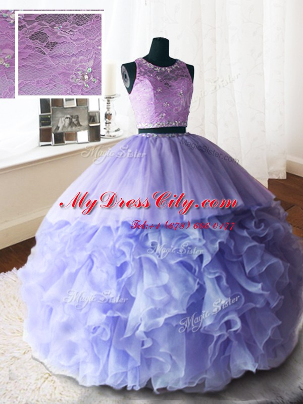 Lavender Ball Gowns Scoop Sleeveless Organza and Tulle and Lace With Brush Train Zipper Beading and Lace and Ruffles Quinceanera Dresses