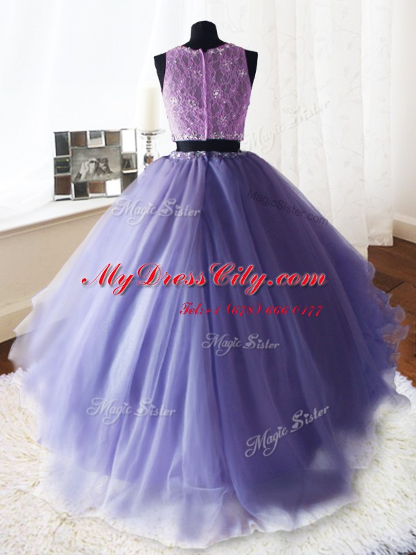 Lavender Ball Gowns Scoop Sleeveless Organza and Tulle and Lace With Brush Train Zipper Beading and Lace and Ruffles Quinceanera Dresses