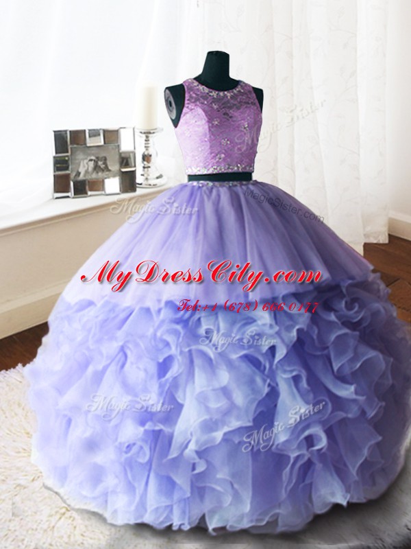 Lavender Ball Gowns Scoop Sleeveless Organza and Tulle and Lace With Brush Train Zipper Beading and Lace and Ruffles Quinceanera Dresses