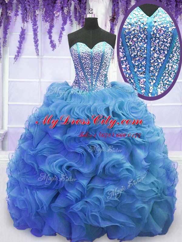 Custom Design Baby Blue Sleeveless Sweep Train Beading and Ruffles Sweet 16 Quinceanera Dress