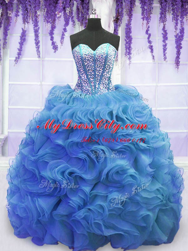 Custom Design Baby Blue Sleeveless Sweep Train Beading and Ruffles Sweet 16 Quinceanera Dress