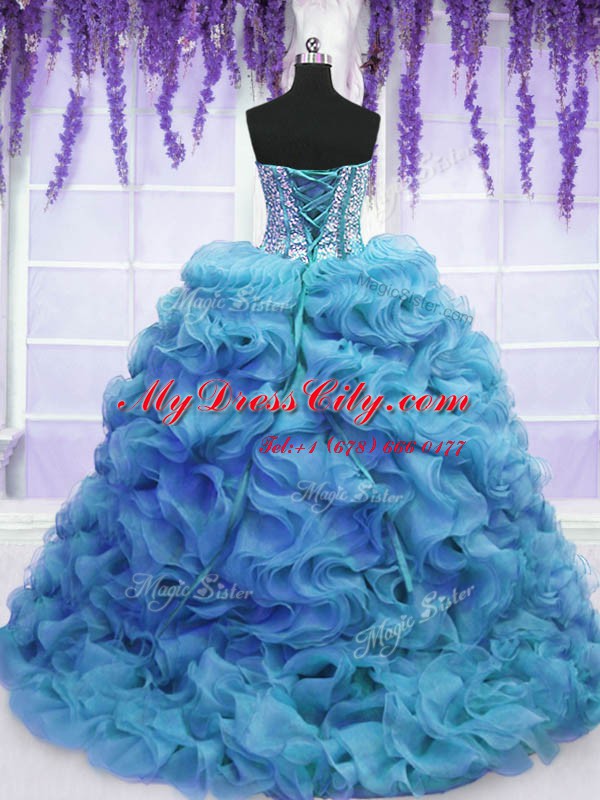 Custom Design Baby Blue Sleeveless Sweep Train Beading and Ruffles Sweet 16 Quinceanera Dress