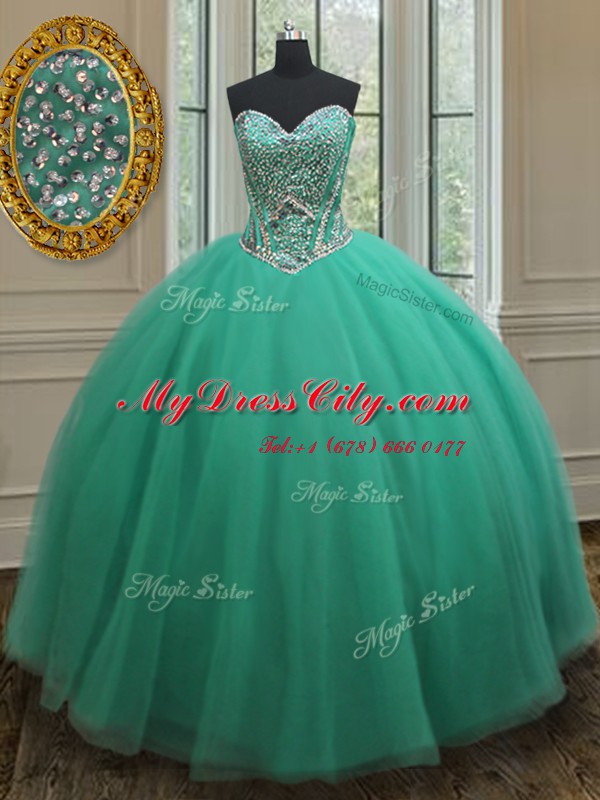 Classical Turquoise Sleeveless Tulle Zipper Quinceanera Dress for Military Ball and Sweet 16 and Quinceanera