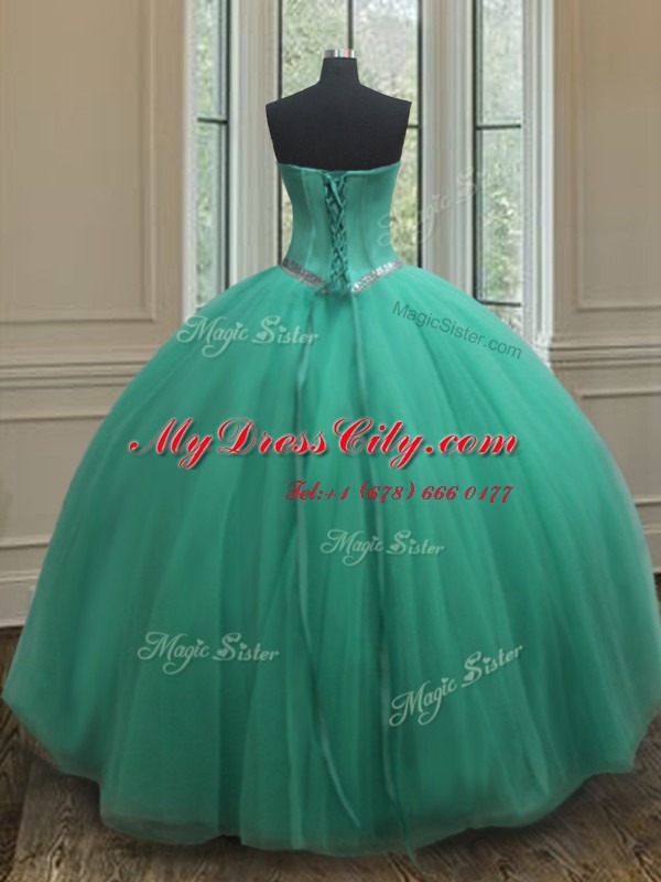 Classical Turquoise Sleeveless Tulle Zipper Quinceanera Dress for Military Ball and Sweet 16 and Quinceanera