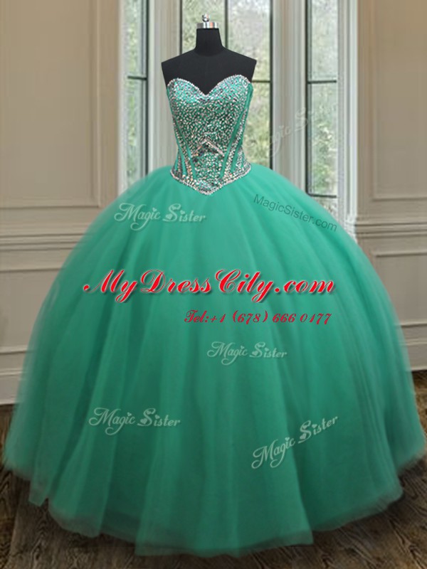 Classical Turquoise Sleeveless Tulle Zipper Quinceanera Dress for Military Ball and Sweet 16 and Quinceanera