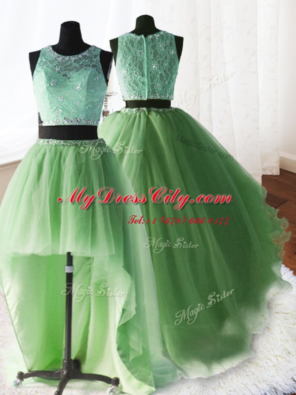 High Class Three Piece Yellow Green Ball Gowns Scoop Sleeveless Organza and Tulle and Lace With Brush Train Zipper Beading and Lace and Ruffles Sweet 16 Dress