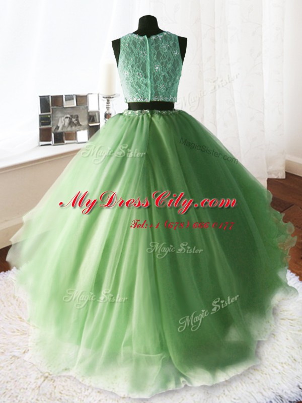 High Class Three Piece Yellow Green Ball Gowns Scoop Sleeveless Organza and Tulle and Lace With Brush Train Zipper Beading and Lace and Ruffles Sweet 16 Dress