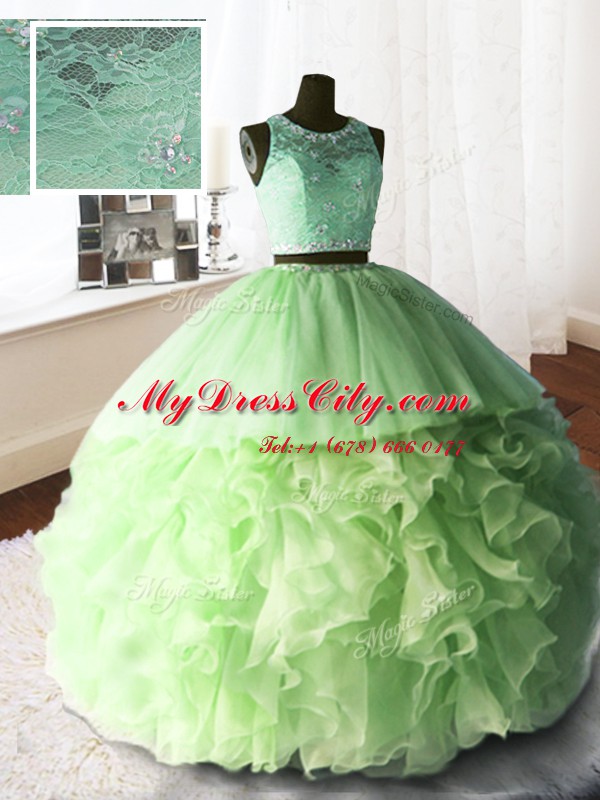 High Class Three Piece Yellow Green Ball Gowns Scoop Sleeveless Organza and Tulle and Lace With Brush Train Zipper Beading and Lace and Ruffles Sweet 16 Dress