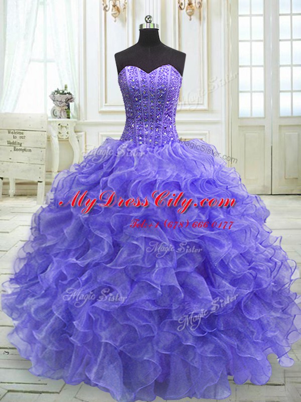 Luxurious Purple 15th Birthday Dress Military Ball and Sweet 16 and Quinceanera and For with Beading and Ruffles Sweetheart Sleeveless Lace Up