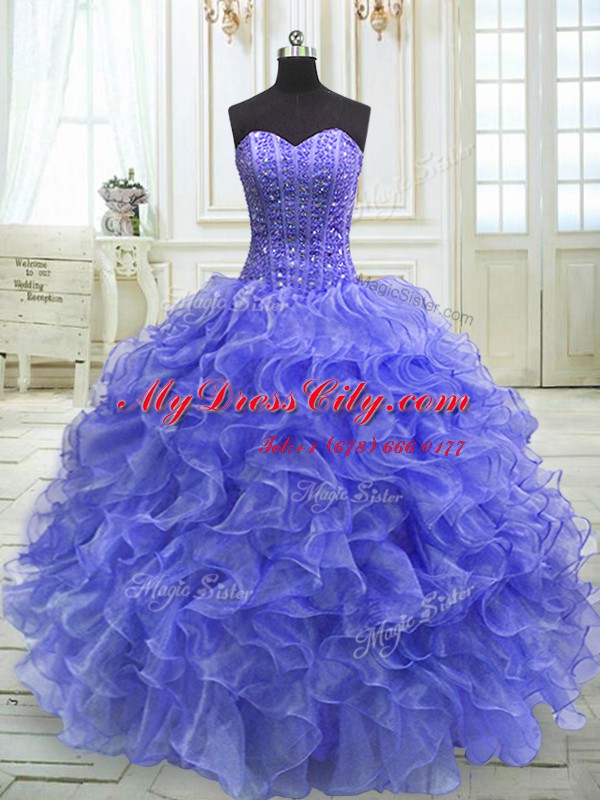 Luxurious Purple 15th Birthday Dress Military Ball and Sweet 16 and Quinceanera and For with Beading and Ruffles Sweetheart Sleeveless Lace Up