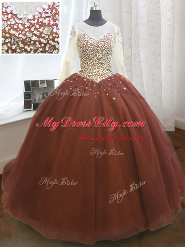 Latest Scoop Burgundy Quinceanera Dress Organza Sweep Train Long Sleeves Beading and Sequins