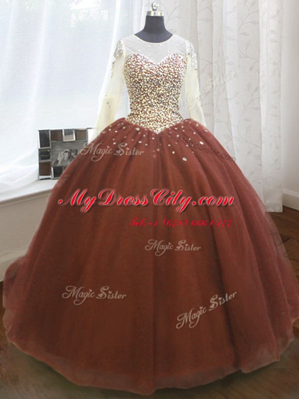 Latest Scoop Burgundy Quinceanera Dress Organza Sweep Train Long Sleeves Beading and Sequins