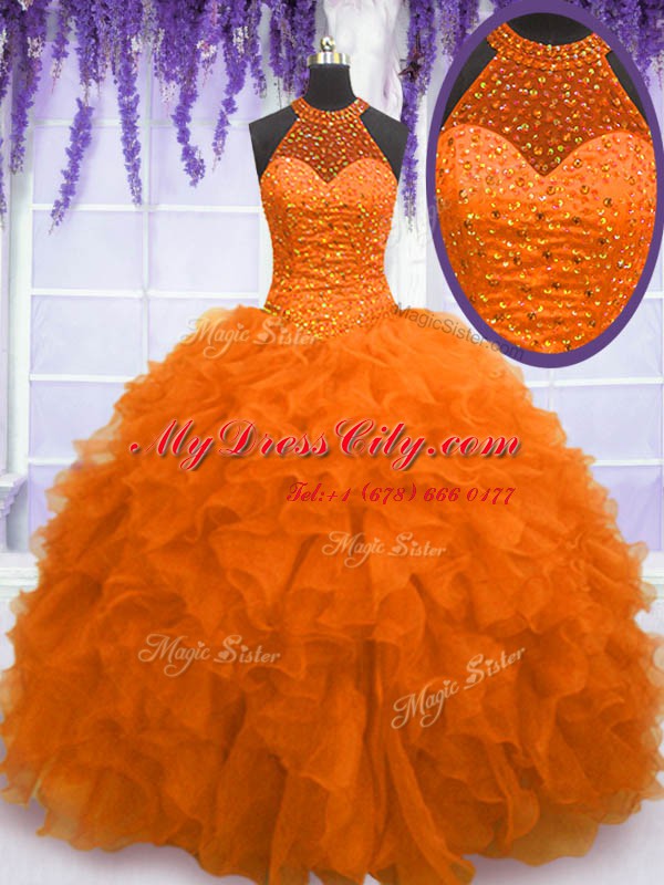 Superior Ball Gowns Quinceanera Gowns Orange Red High-neck Organza Sleeveless Floor Length Lace Up