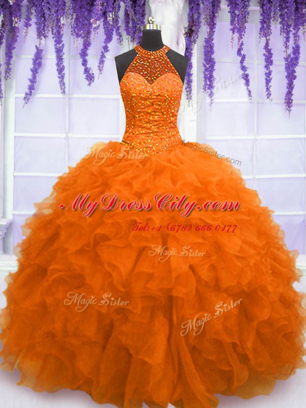 Superior Ball Gowns Quinceanera Gowns Orange Red High-neck Organza Sleeveless Floor Length Lace Up