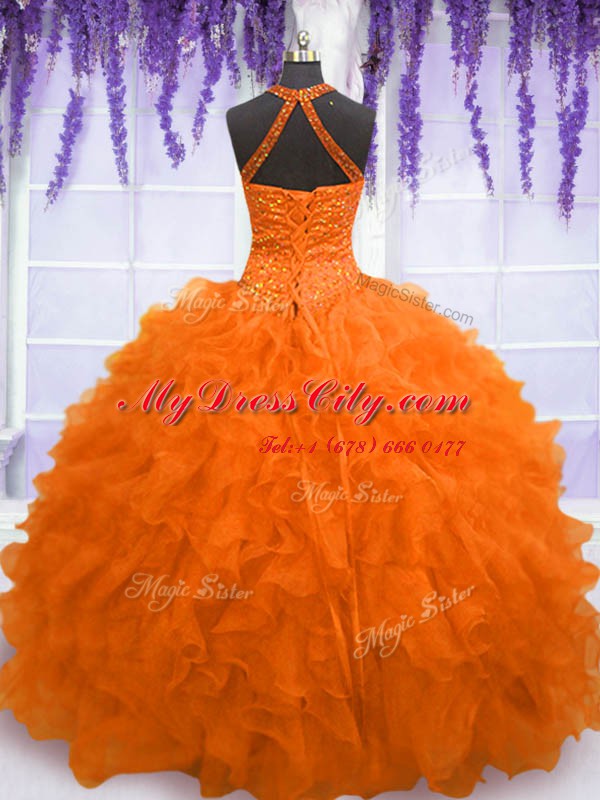 Superior Ball Gowns Quinceanera Gowns Orange Red High-neck Organza Sleeveless Floor Length Lace Up