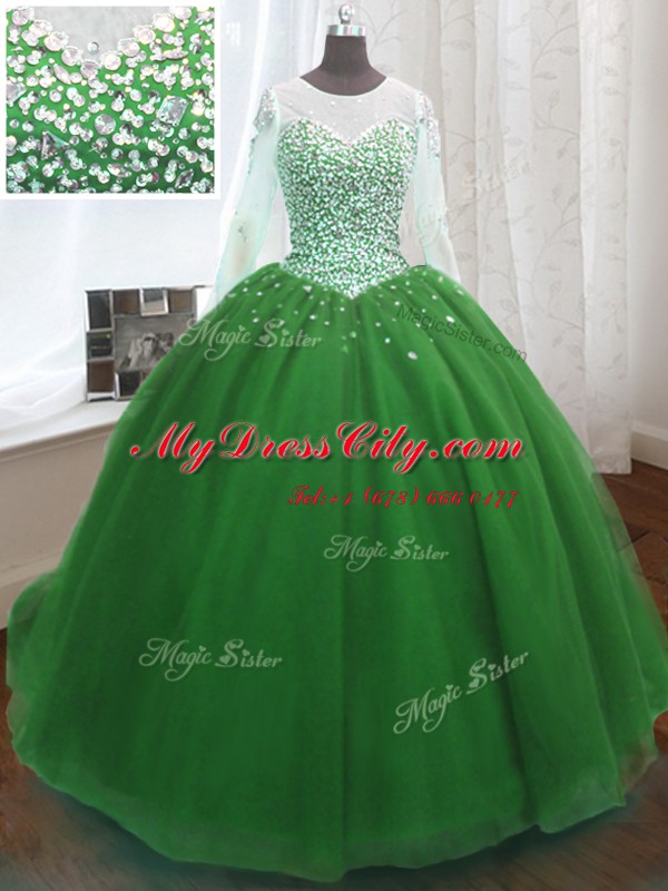 Scoop Long Sleeves Beading and Sequins Lace Up Sweet 16 Dresses with Green Sweep Train