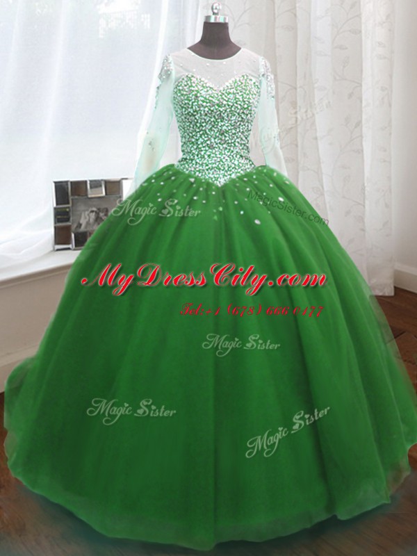 Scoop Long Sleeves Beading and Sequins Lace Up Sweet 16 Dresses with Green Sweep Train