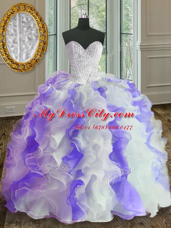 Latest White and Purple Quince Ball Gowns Military Ball and Sweet 16 and Quinceanera and For with Beading and Ruffles Sweetheart Sleeveless Lace Up