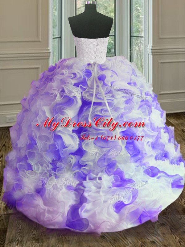 Latest White and Purple Quince Ball Gowns Military Ball and Sweet 16 and Quinceanera and For with Beading and Ruffles Sweetheart Sleeveless Lace Up