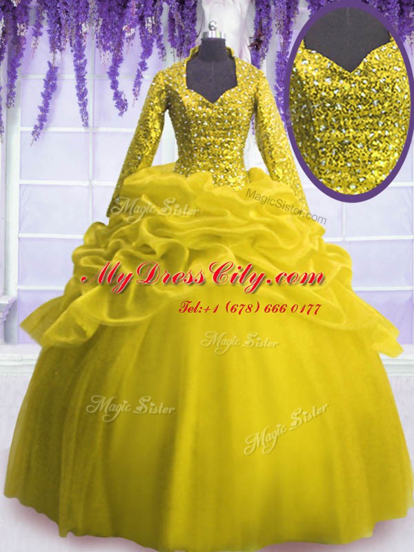 Ideal V-neck Long Sleeves 15 Quinceanera Dress Floor Length Sequins and Pick Ups Yellow Organza