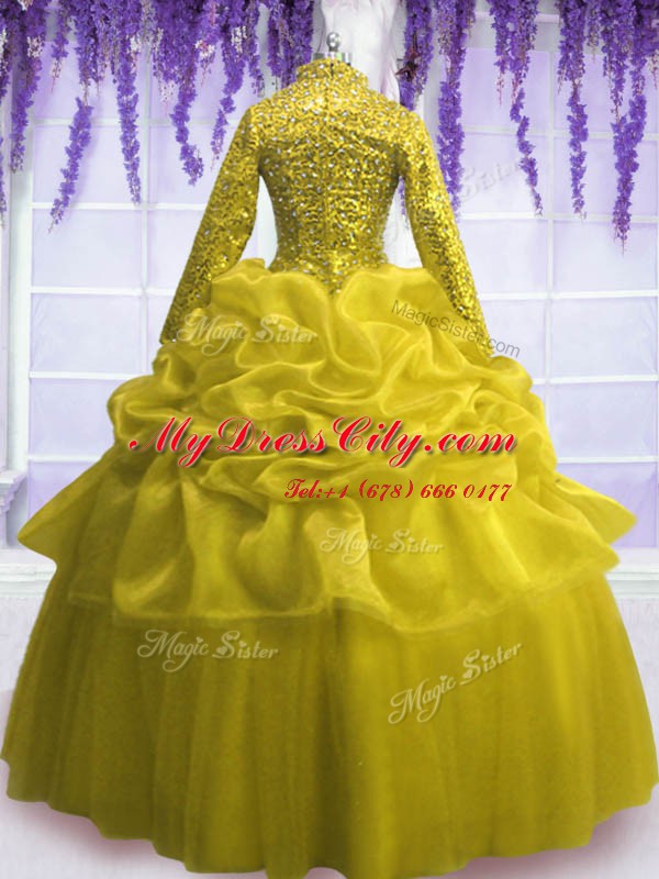 Ideal V-neck Long Sleeves 15 Quinceanera Dress Floor Length Sequins and Pick Ups Yellow Organza