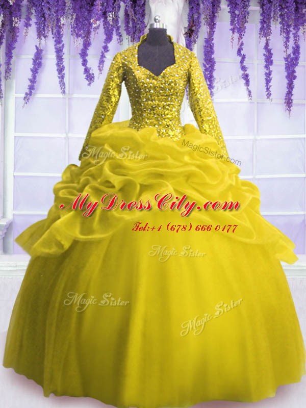 Ideal V-neck Long Sleeves 15 Quinceanera Dress Floor Length Sequins and Pick Ups Yellow Organza