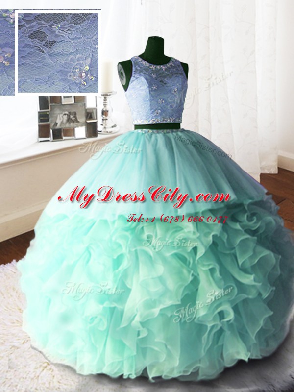 Unique Scoop Sleeveless Brush Train Beading and Lace and Ruffles Zipper Sweet 16 Quinceanera Dress