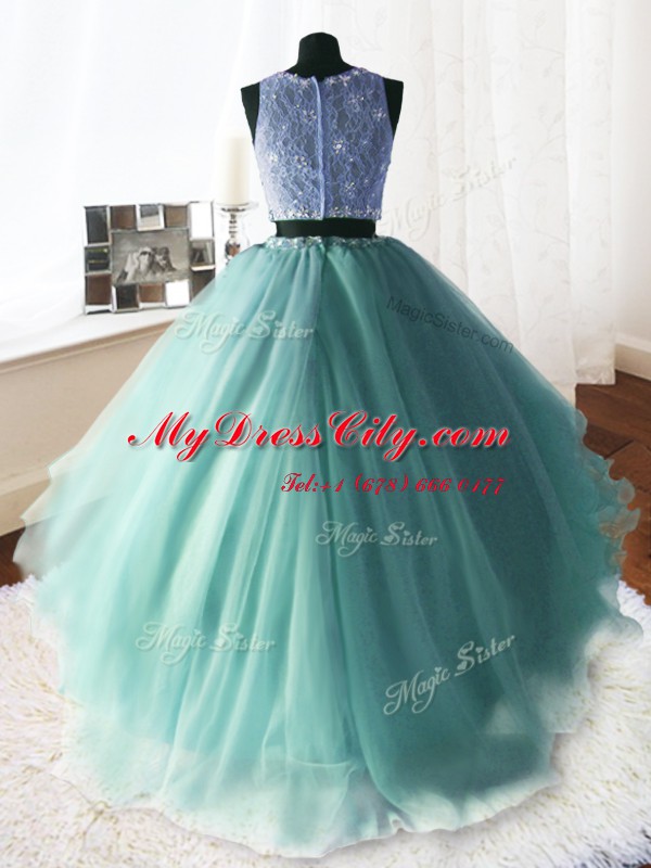 Unique Scoop Sleeveless Brush Train Beading and Lace and Ruffles Zipper Sweet 16 Quinceanera Dress