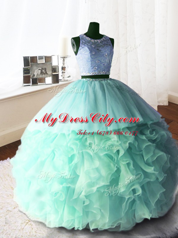 Unique Scoop Sleeveless Brush Train Beading and Lace and Ruffles Zipper Sweet 16 Quinceanera Dress