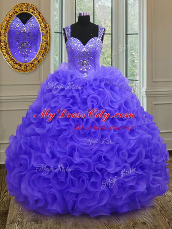 Low Price Straps Purple Sleeveless Floor Length Beading and Ruffles Zipper Quinceanera Gowns